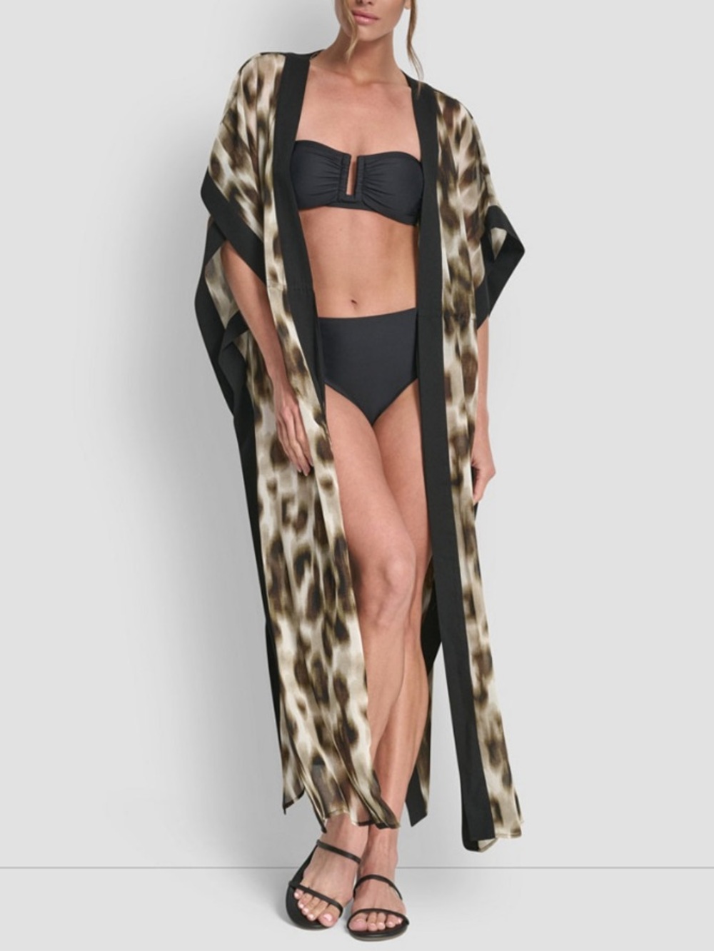 Ikat Leopard Mocha Multi Satin Kimono Cover-Up - Mocha DKNY New With Tags Medium